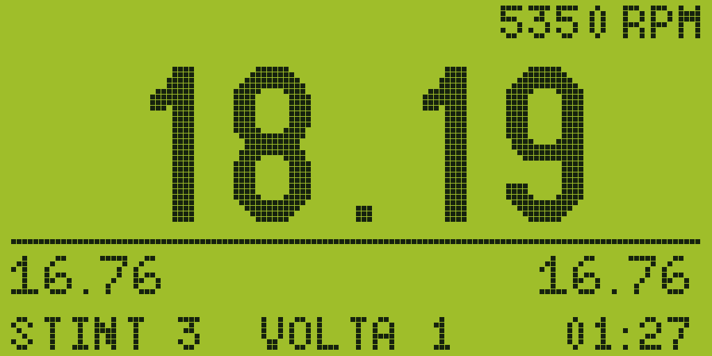 Tela do cronômetro do TBS: 18.19 em dígitos grandes, 5350 RPM no topo, STINT 3 VOLTA 1 no rodapé